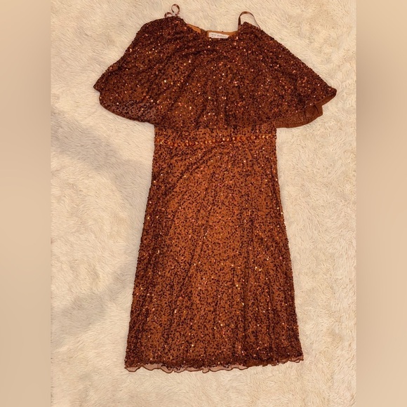 NWOT MAC DUGGAL Embellished Cape High Neck Midi Dress Copper sz 14 - Picture 4 of 6